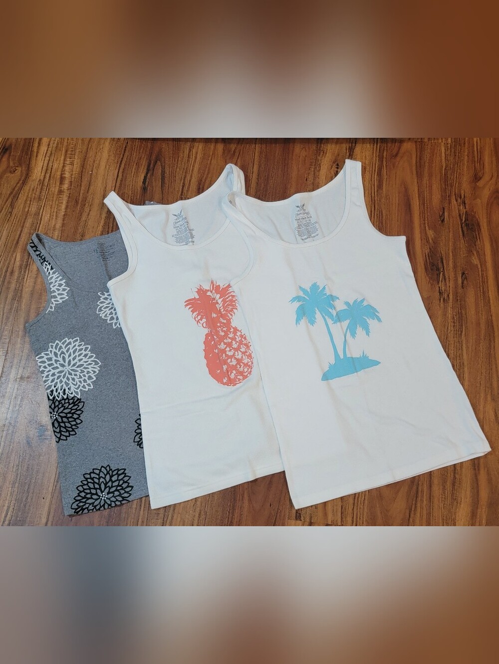 Faded Glory White Tank Tops with Coral Pineapple & Blue Palm Prints